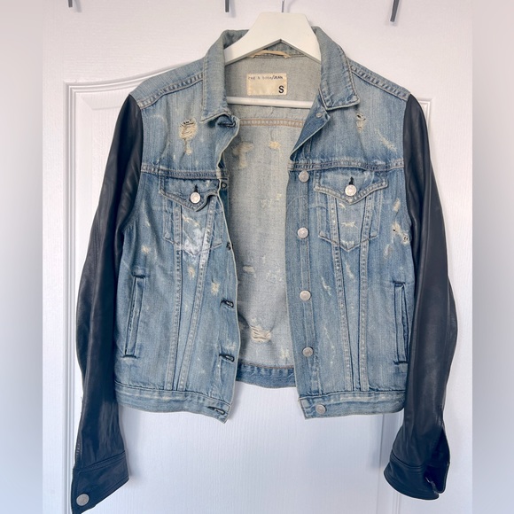 Rag & Bone Women's Tattered Jean Jacket with Black Lamb Leather Sleeves - Picture 2 of 6